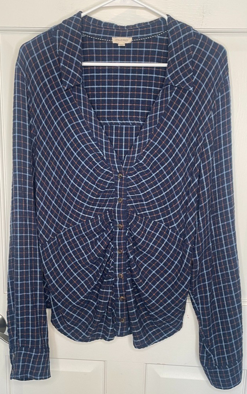 Anthropologie Pilcro Women's Plaid Ruched Front Button Down Blouse Sz L Boho